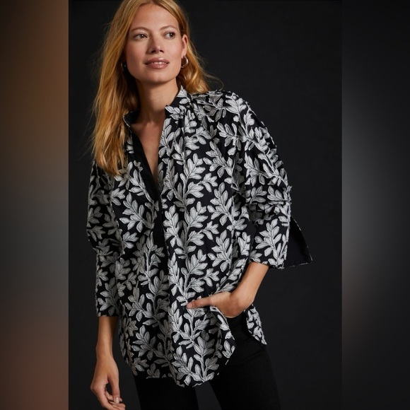 By Anthropologie Popover Leaf Printed Black White V Neck Blouse - Picture 1 of 11